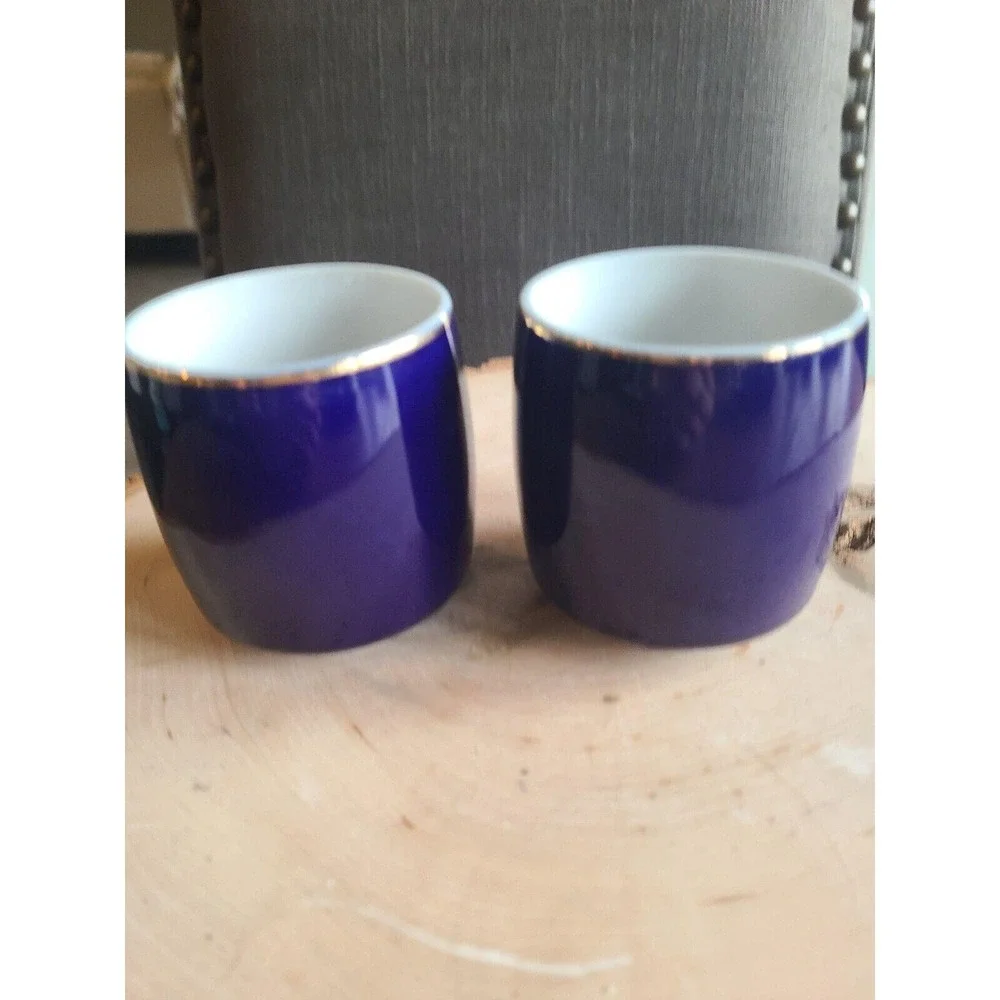 Japanese Sake‎ Tea Cups Cobalt Blue Gold Trim Floral Vintage